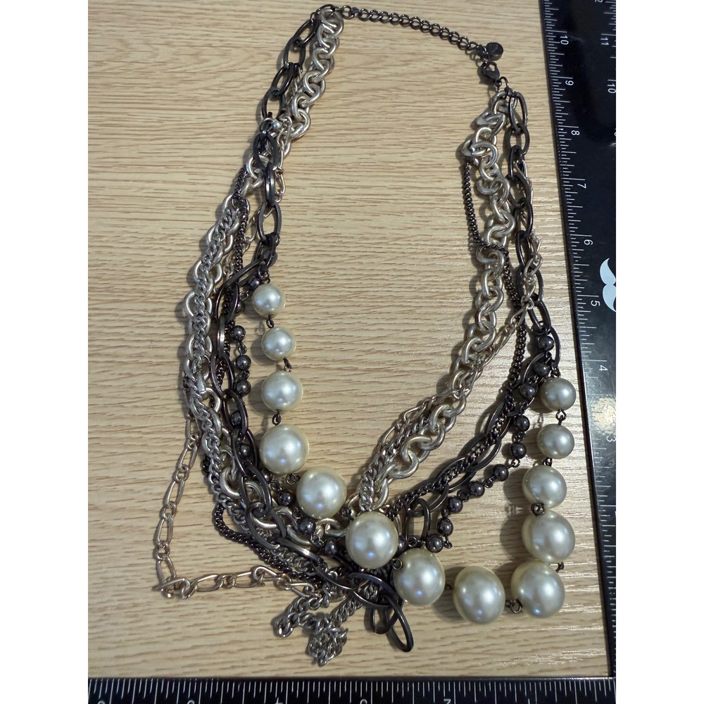 Multistrand Chain and‎ Faux Pearl Statement Necklace Silver Gunmetal Mixed Metal